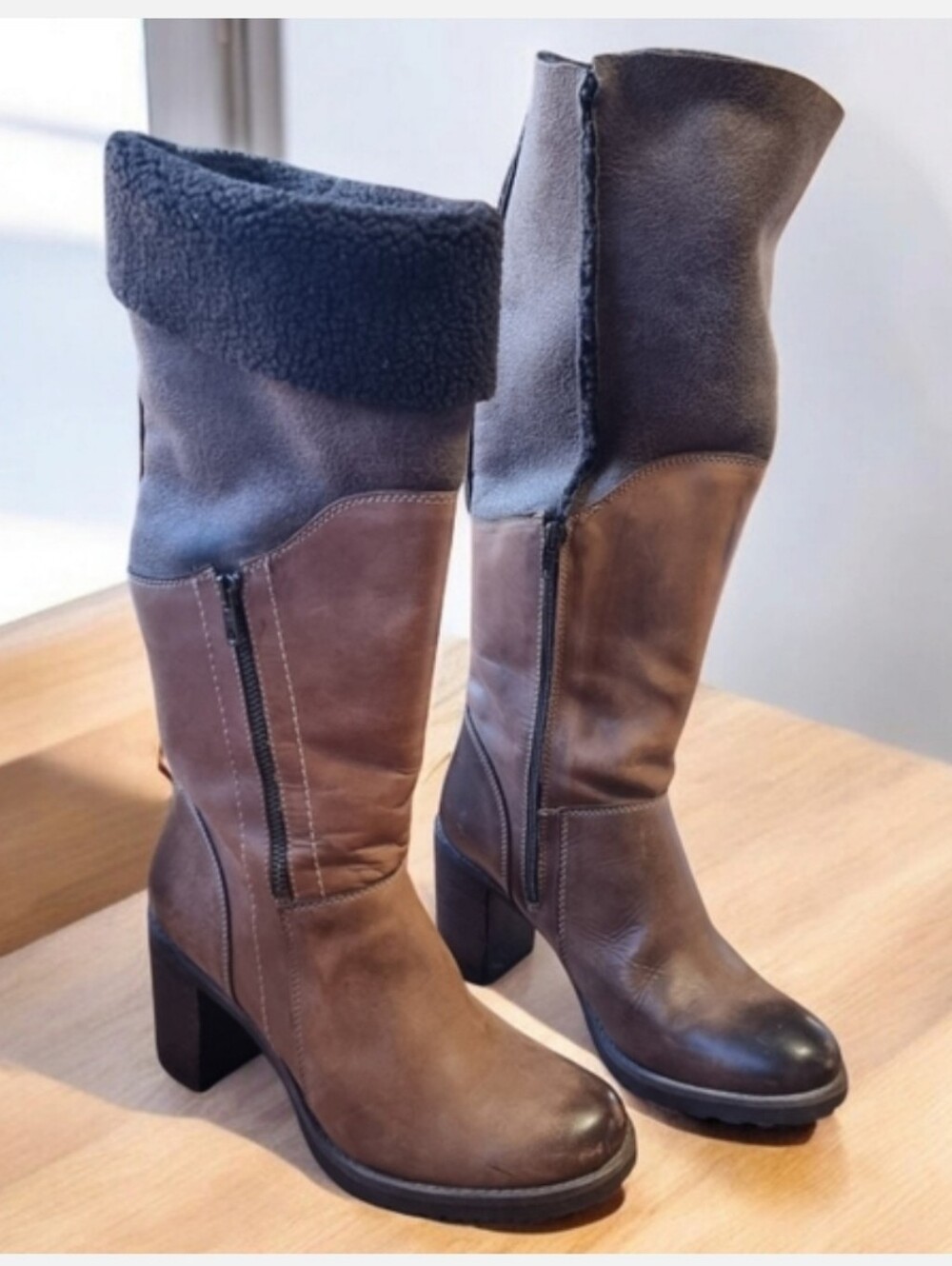 ALDO Stylish Brown & Tan Leather & Suede  Boots With Shearling Cuff Size 39